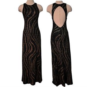 Cache Halter Cut Out Sparkling Glitter Long Gown Black and Gold Large